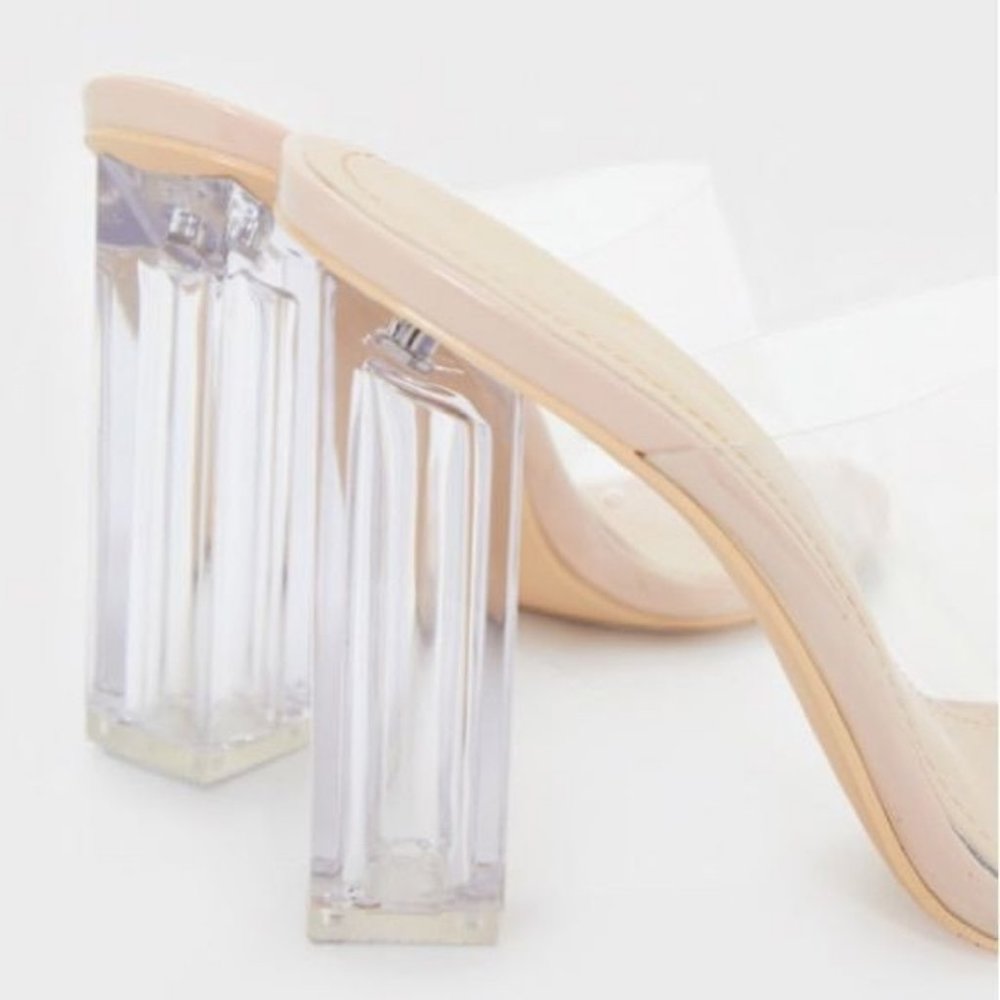 !! RESTOCKED !! Transparent Peep Toe Block Mule Heels in Nude - Picture 6 of 9